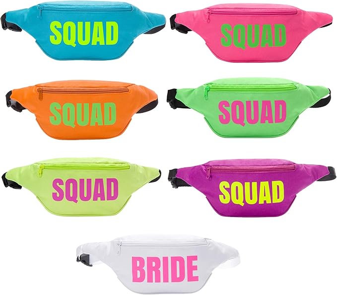 Bachelorette 80s Fanny Pack Set | 7 Pack | 1 Bride Fanny Pack and 6 Squad Fanny by PopFizzDesigns