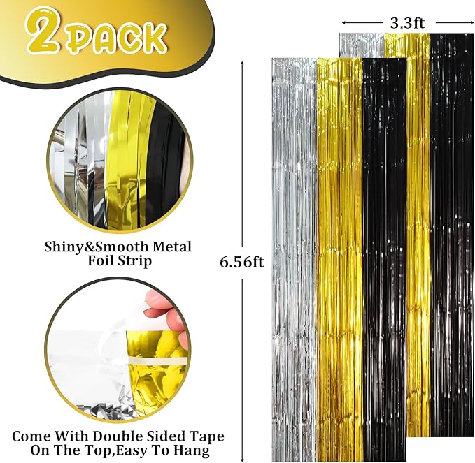 2 Pack Black Gold Silver Foil Fringe Backdrop Curtains, Tinsel Streamers Party - Image 2