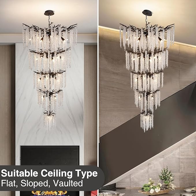 118'' Black Branch High Ceiling Chandelier, 28-Light Modern Long Tree - Image 6