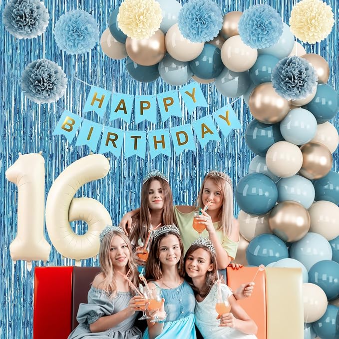 Dusty Blue 16th Birthday Party Decorations Boys Girls Beige Cream Number 16 - Image 7