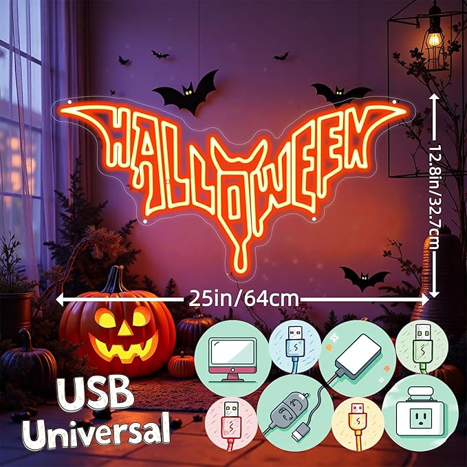 Halloween Bat Shaped Neon Sign Spooky Red LED Wall Decor - Image 3
