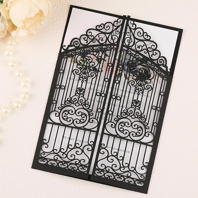 50Pcs Wedding Invitation Kit Black Fences Fold Laser Cut Invitation Pocket by AdasBridal