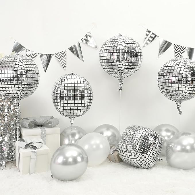 Disco Ball Balloons 4PC, Foil Disco Balloons 22 Inch 4D Round Metallic Silver - Image 2