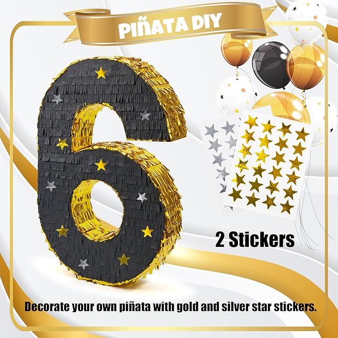 PCFING 20 Inch Number 6 Piñata Gold Black - Image 3