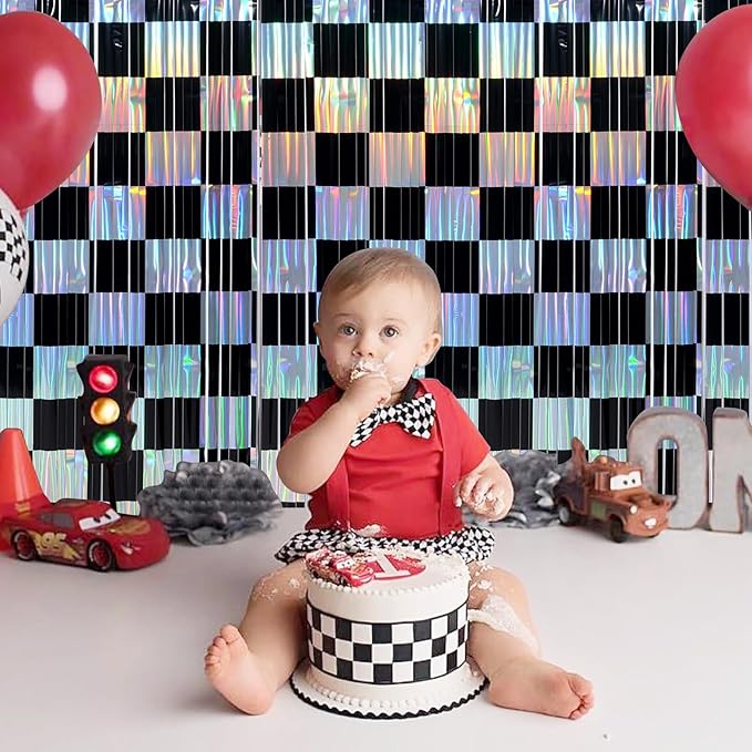 2 Pack 3.3Ft x 6.6Ft Race Car Checkered Foil Fringe Curtain Backdrop Decorations - Image 5