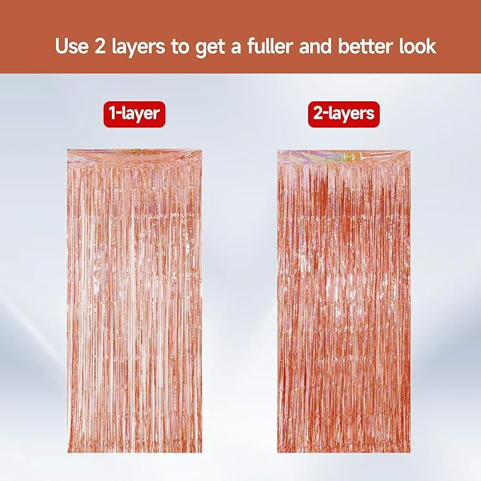 QRabbit 4 Pack Foil Fringe Backdrop Curtains, Rose Gold Party Streamers Photo - Image 2