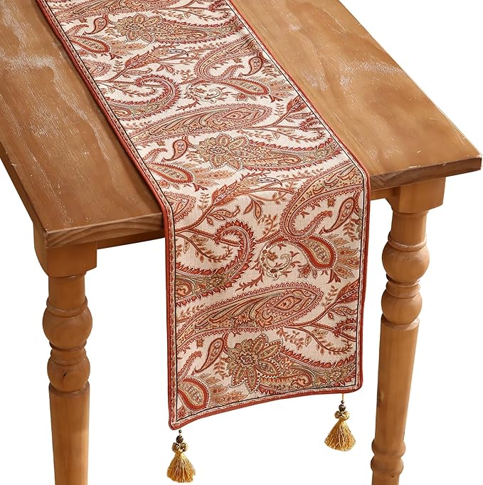 ISAENNE Designer Elegant Red Linen Extra Long Table Runner 118 Inches, Vintage by Isaennehomedecoration