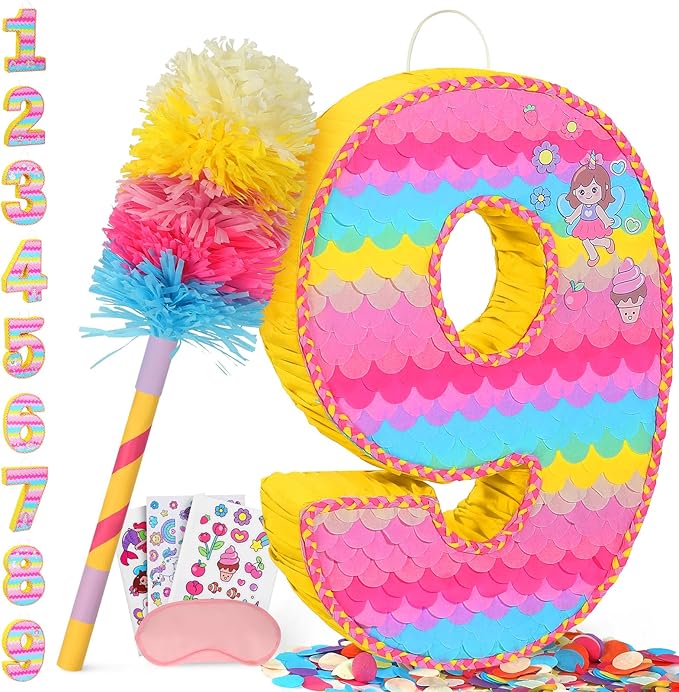 Number 9 Pinata for Birthday Party Decorations, Unicorn Mermaid Theme Pink by Pardecor