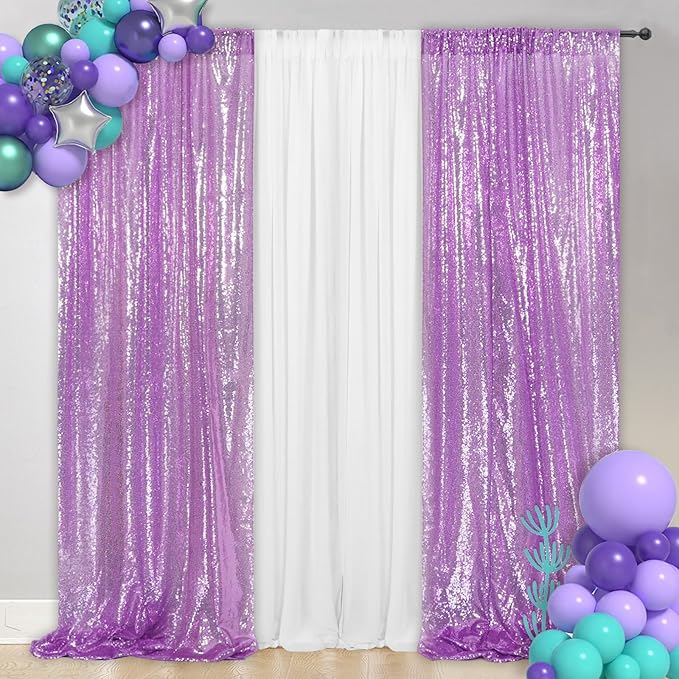 SquarePie Sequin Backdrop Curtain 2 Panels 2FT x 8FT Lavender Background by SquarePie