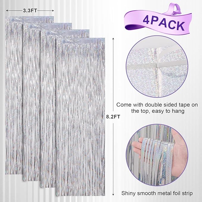 4 Pack Laser Silver Foil Fringe Backdrop Curtains, Tinsel Streamers Birthday - Image 3