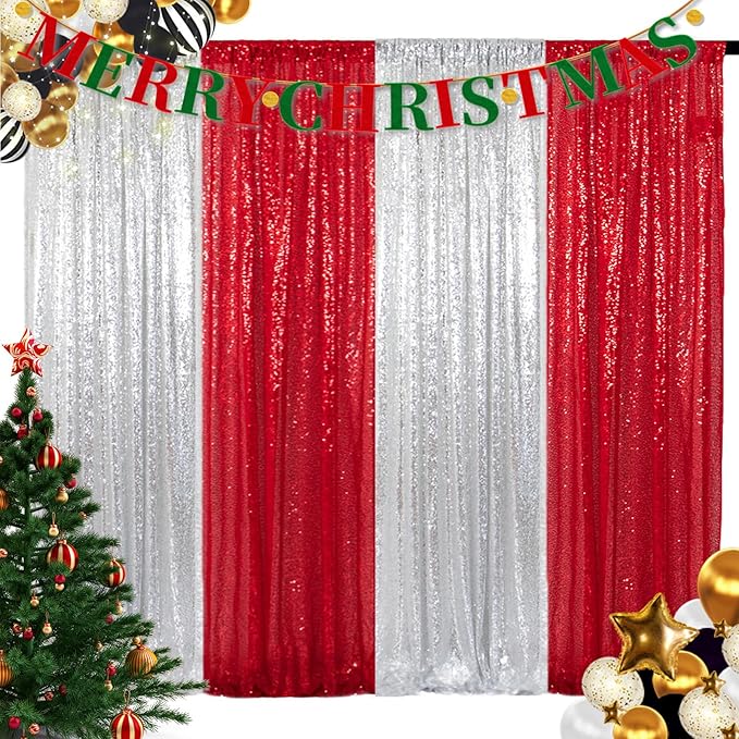 ShinyBeauty 4 Panels Sequin Photo Backdrop 2FTx8FT Red & Silver Curtains - Image 5