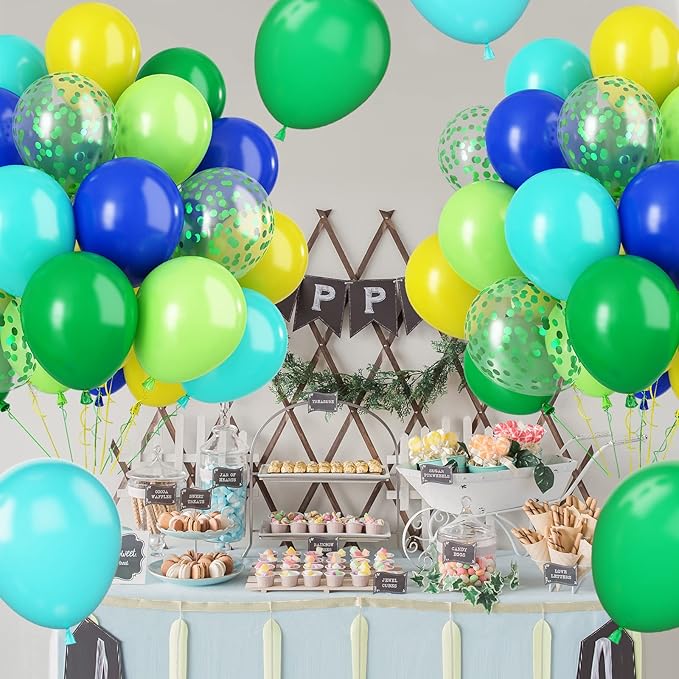 Paready Green and Blue Balloons, Teal Yellow Light Green Confetti Balloon - Image 6