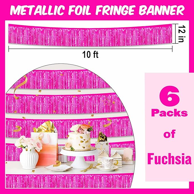 6 Pack 10 Ft Fuchsia Foil Fringe Garland Metallic Streamers Tinsel Banner Wall - Image 2