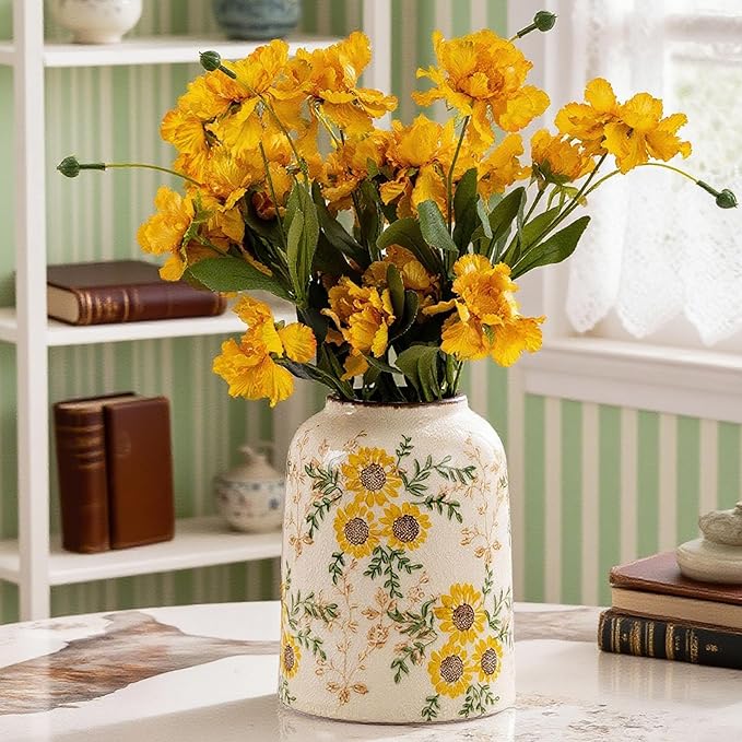 Sunflower Green and Beige Vase, Cute Floral Centerpiece Vases by SUREYUESI