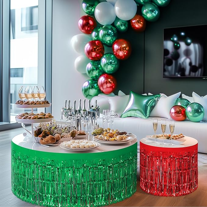 2 Pack Red Green Table Skirts, 29x108" Metallic Foil Tinsel Fringe Table Skirt - Image 9