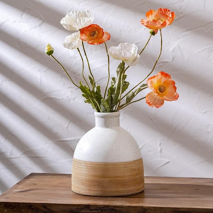 Rustic Farmhouse Flower Round Ceramic Striped Vase, Living Room, Bookshelf Decor - Image 6