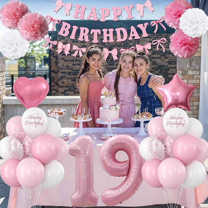 19th Birthday Decorations for Girls Pink Number 19 Balloon Bow Coquette Happy - Image 5
