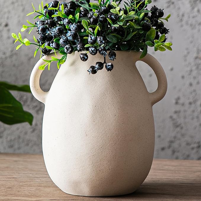 Kimdio White Ceramic Vase with 2 Handles – Sand-Glazed Clay Pottery Vase by Kimdio