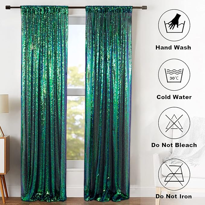 ShinyBeauty Sequin Curtains 2 Panels 2FTx8FT Iridescent Green Photo Booth - Image 7