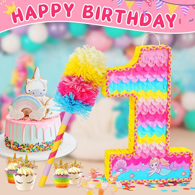 Number 1 Pinata for Birthday Party Decorations, Unicorn Mermaid Theme Pink - Image 2