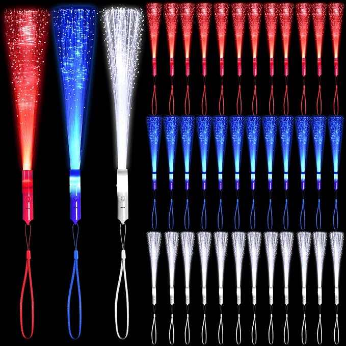 48 PCS Red Blue White Glow Fiber Wands Sticks LED Light Wands 3 Modes Flashing by NUDALA