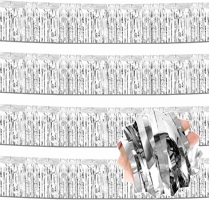 4 Pack 10 Ft Silver Foil Fringe Garland Metallic Streamers Tinsel Banner Wall by LANTIANCHEN