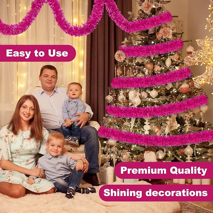 25 Feet Fuchsia Christmas Tinsel Garland, Metallic Foil Twist Banner Wall - Image 4