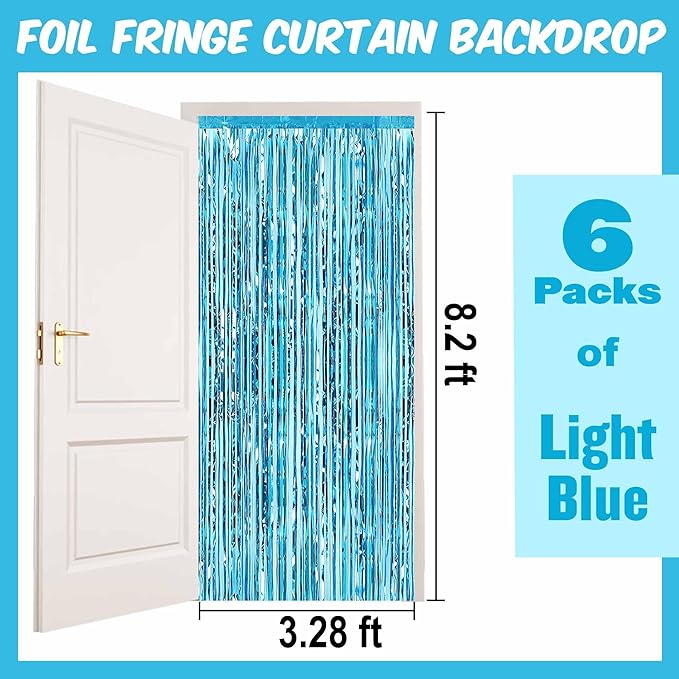 6 Pack Light Blue Foil Fringe Curtains Backdrop, 3.28 x 8.2 Ft Metallic - Image 2