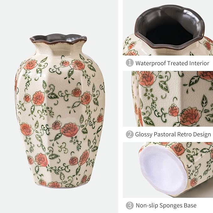 Green&Beige Vintage Octagonal Vase, Farmhouse Antique Decorative Ceramic Flower - Image 4