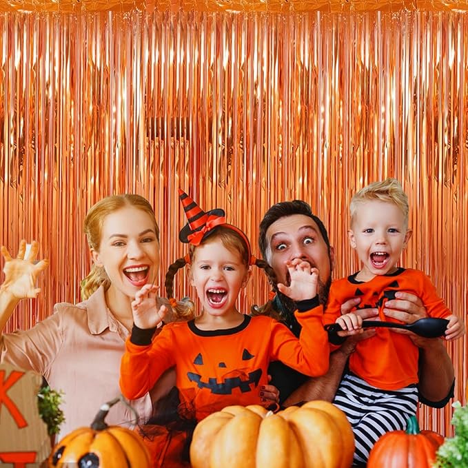 2 Pack 3.28 ft x 6.56 ft Orange Tinsel Curtain Party Backdrop Decorations - Image 5