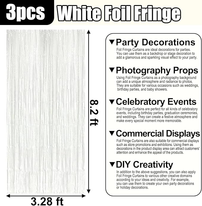 3 Pack White Foil Fringe Curtain Backdrop, 3.28Ft x 8.2Ft Metallic Tinsel Foil - Image 2