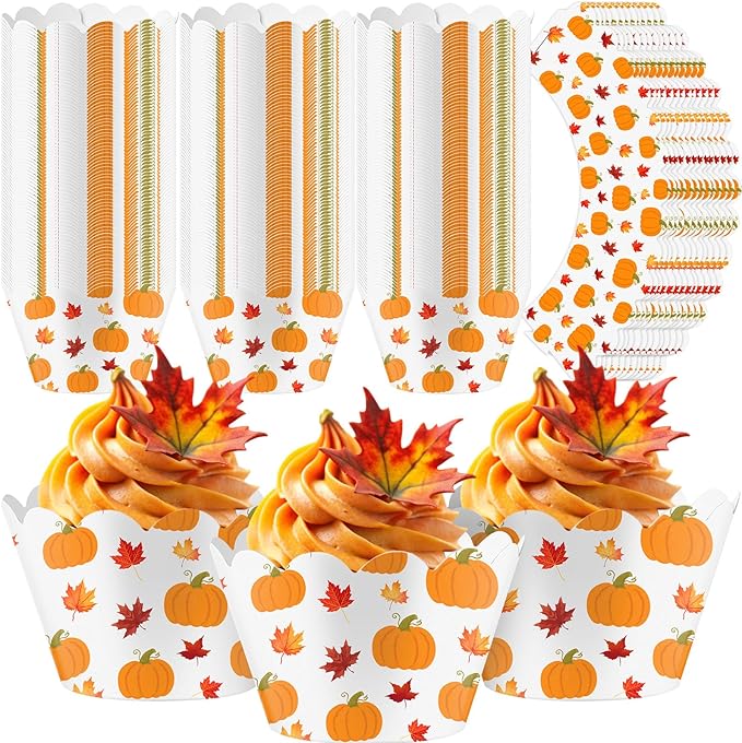 Domensi 100 Pcs Fall Pumpkin Maple Leaf Cupcake Wrappers Rustic Cupcake Liners by Domensi