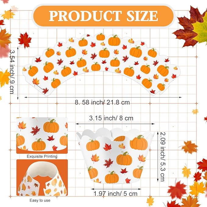 Domensi 100 Pcs Fall Pumpkin Maple Leaf Cupcake Wrappers Rustic Cupcake Liners - Image 3