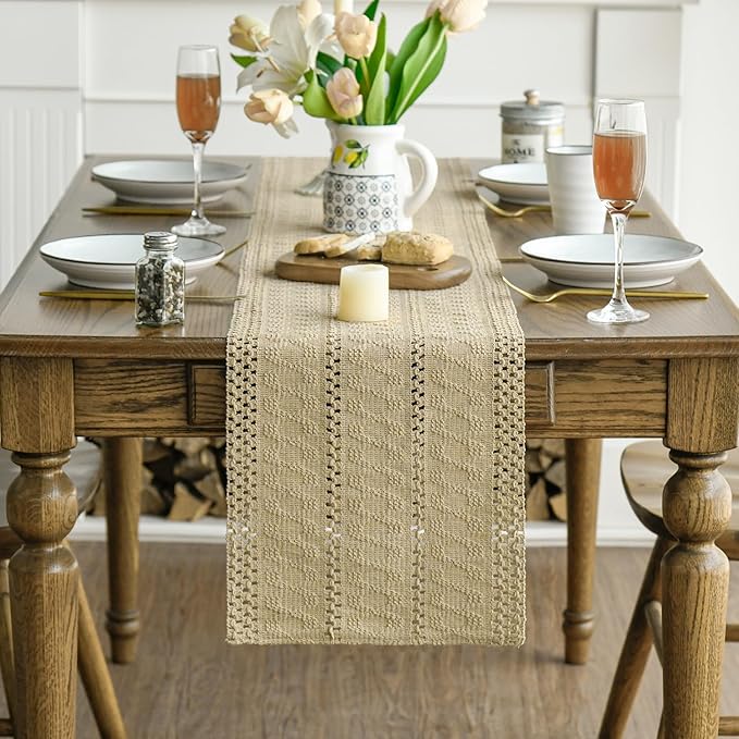 Artoid Mode Burlap Brown Farmhouse Woven Rustic Hollow Table Runner, Seasonal - Image 2