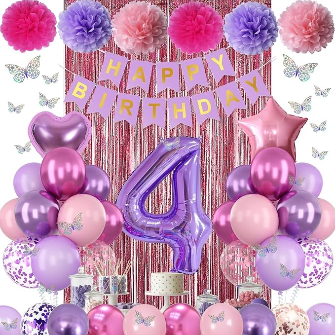 Pink Purple 4th Birthday Party Decorations - Image 2