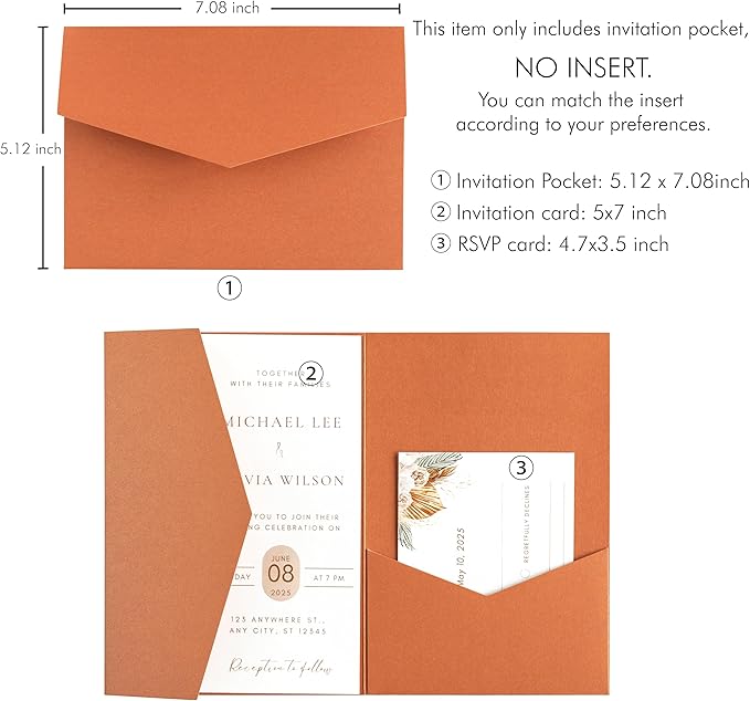 20 PCS Burnt Orange Tri-fold Laser Cut Wedding Invitation Pockets - Image 2