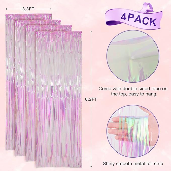 4 Pack Iridescent Transparent Foil Fringe Backdrop Curtains, Tinsel Streamers - Image 3