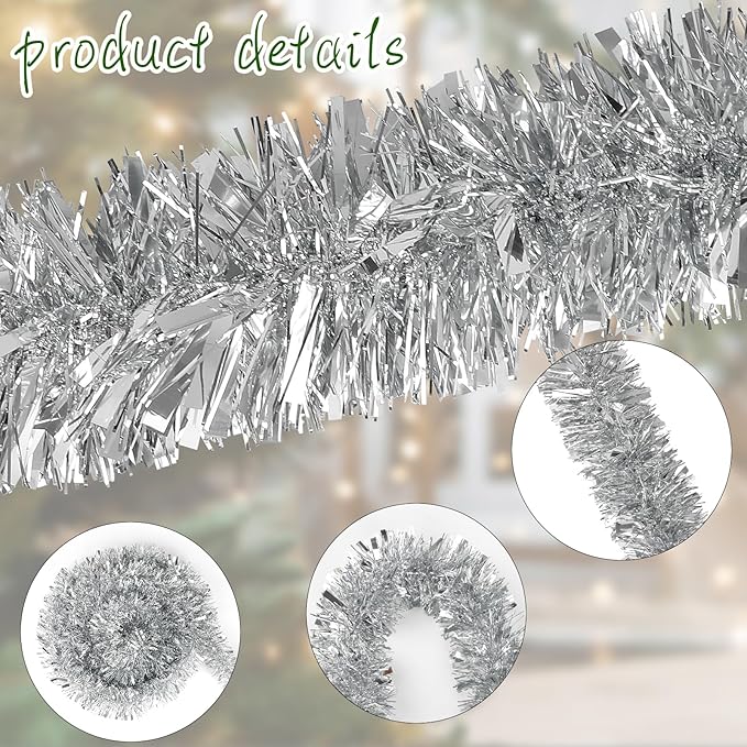 DECORA 33 Feet Silver Tinsel Garland, Christmas Metallic Hanging Tinsel Garland - Image 3
