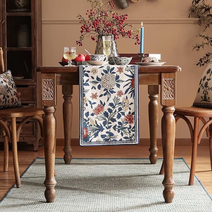 patdrea Designer Blue Cottage Rustic Floral Patterned Linen Table Runner 87 - Image 2