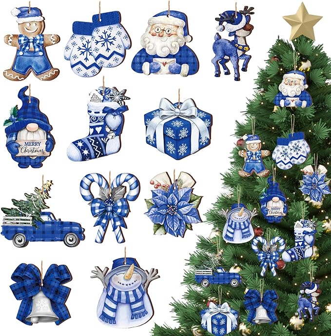 Suzile 36 Pcs Christmas Wooden Ornaments Blue Christmas Ornaments by Suzile