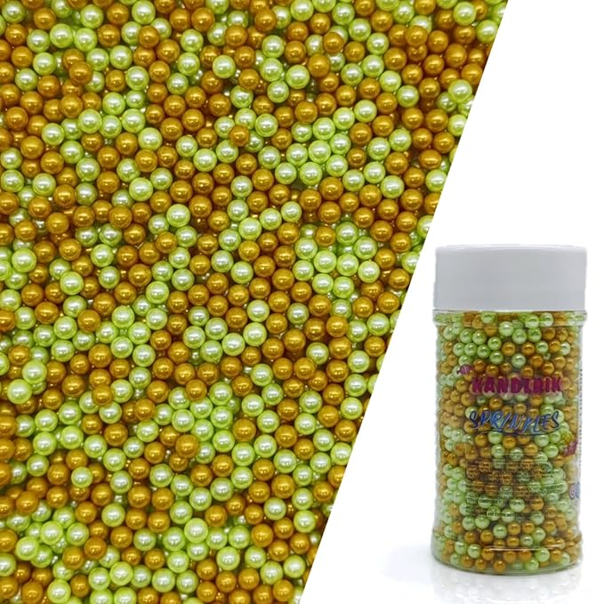 Edible Light Green & Gold Pearl Sugar Sprinkles Candy 4mm Mini Pearls Cake by KandlrikMagicSprinkles