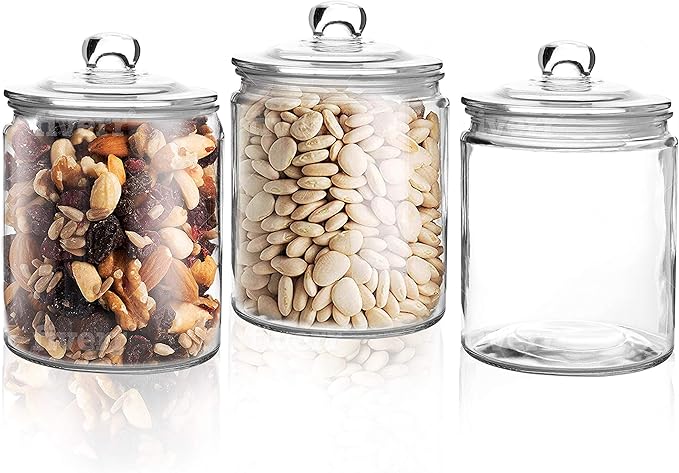 Set of 3 Glass Jar with Lid 1 Liter | Airtight Glass Storage Container by Marbelous