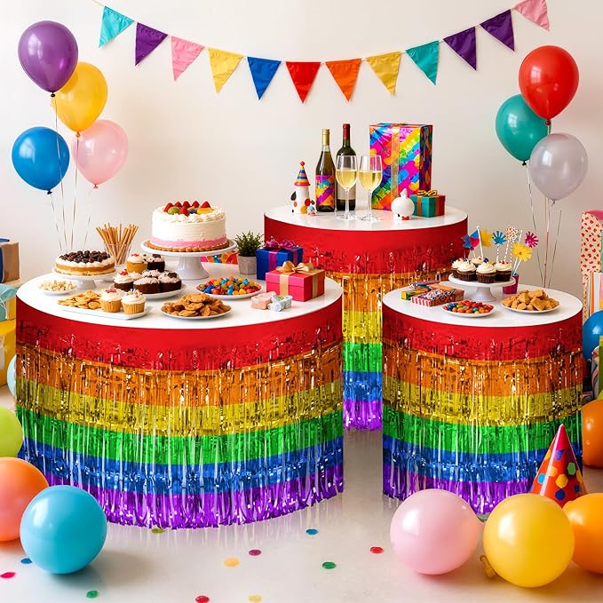 2 Pack Rainbow Table Skirts, 29x108" Metallic Foil Tinsel Fringe Table Skirts - Image 9