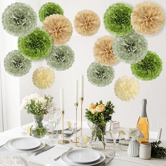 Olive Sage Green Tissue Paper Pom Poms Safari Jungle Party Decorations Paper - Image 3