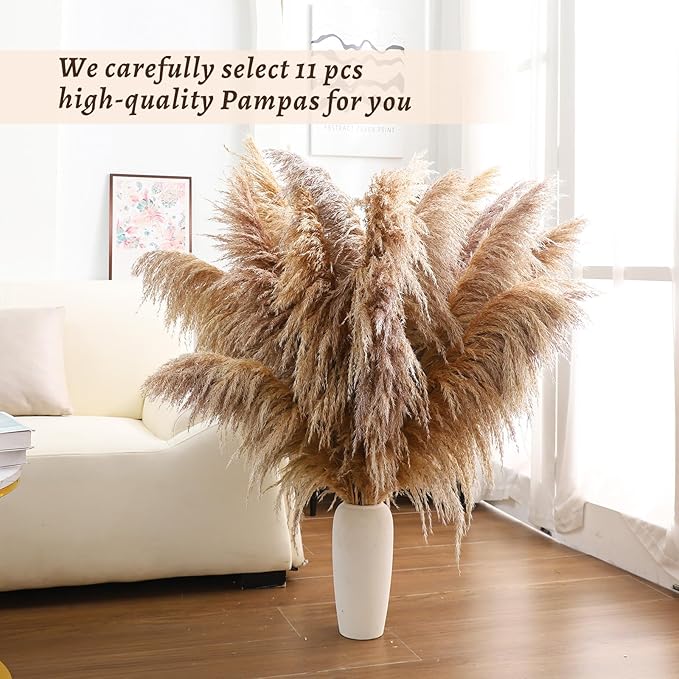 46" inch 11 Stems Natural Pampas Grass Tall Decor, Pompas Grass, Large Borwn - Image 3