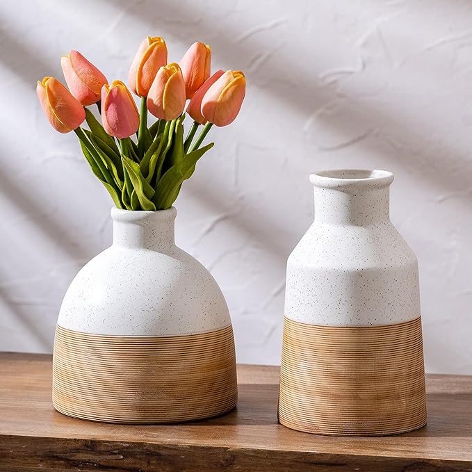 Rustic Farmhouse Flower Ceramic Striped Vase, Cottage Home Core Decor, Tabletop - Image 2