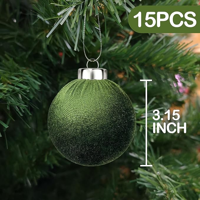 Green Velvet Ornaments for Christmas Tree 15 PCS, Big Neutral Flocked Christmas - Image 2