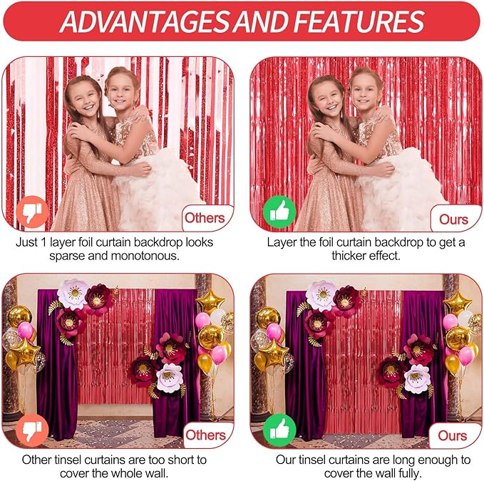 Crosize 4 Pack 3.3 x 9.9 ft Red Foil Fringe Curtains Party Decorations - Image 6
