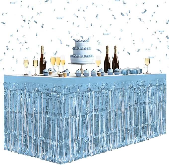4 Pack Light Blue Table Skirts, 29x108" Metallic Foil Tinsel Fringe Table Skirts by Unknown