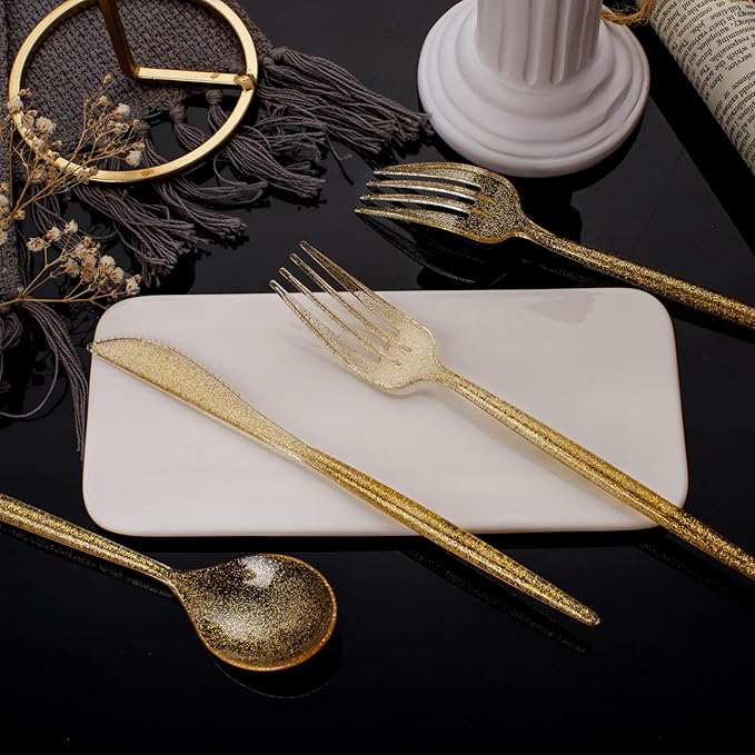 Supernal 180pcs Gold Plastic Silverware Durable Plastic Silverware Gold Glitter - Image 3